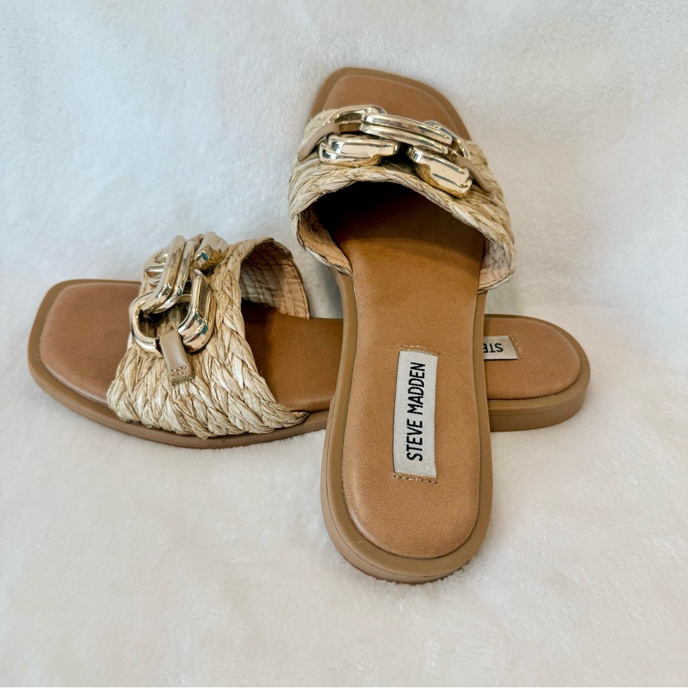 Steve Madden Gene Raffia Gold Chain Embellished Slide Sandals - Picture 4 of 7